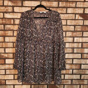 ZARA Brown Floral Sheer V-neck Long Sleeve Boho Mini Dress Size L